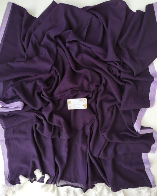 Plain Mul Saree - True Purple with Lavender Border