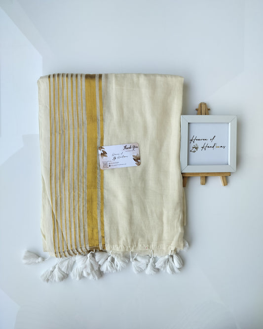 Onam-Vishu Saree - Off White with Golden Multi Line Border