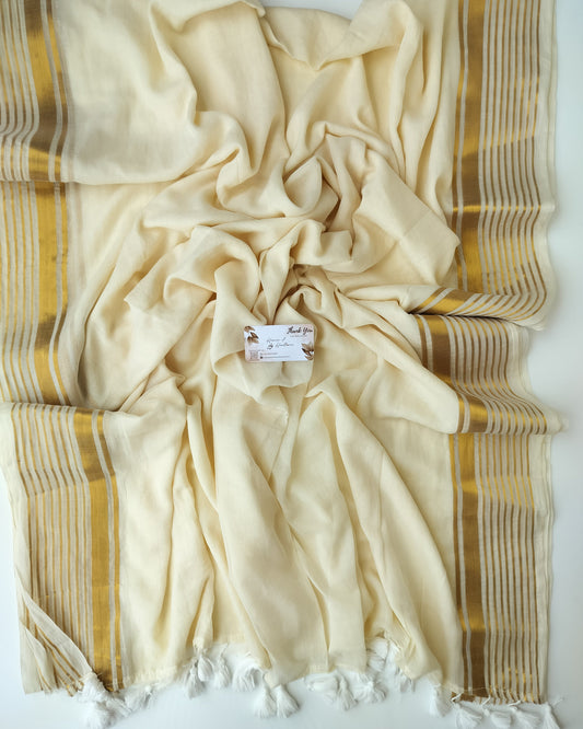 Onam-Vishu Saree - Off White with Golden Multi Line Border