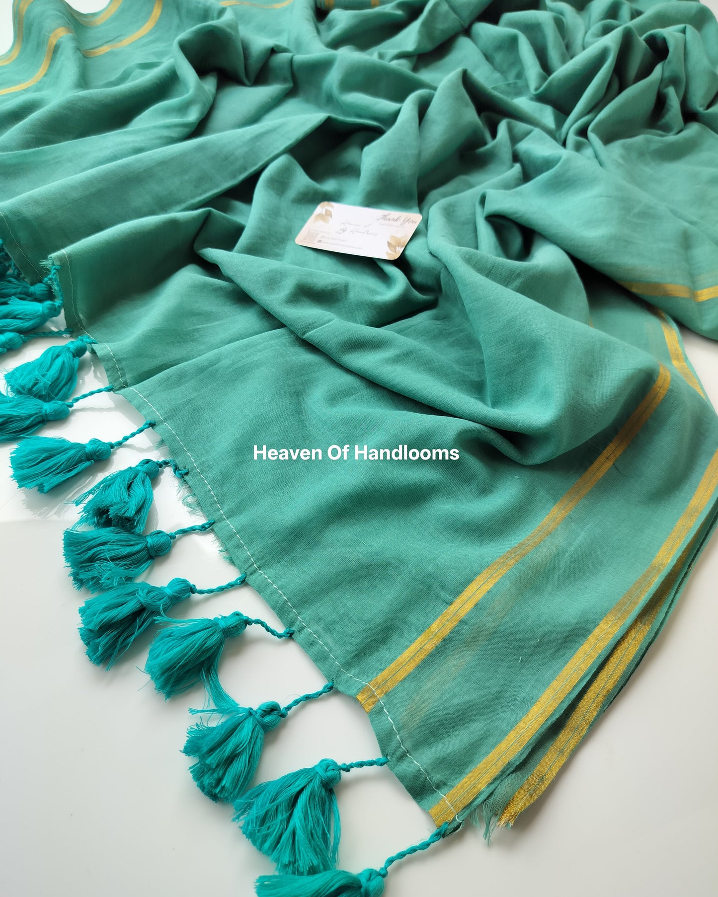 Festive Saree - Teacup Teal with Golden Stripe