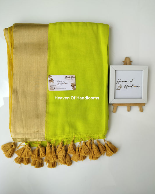 Festive Saree - Neon Green Golden Border