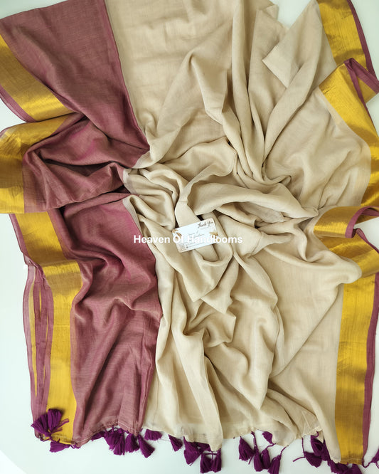 Onam-Vishu Saree - Grape and Cream with Golden Border