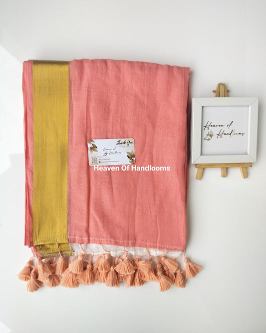 Onam-Vishu Saree - Peach Cream with Golden Border