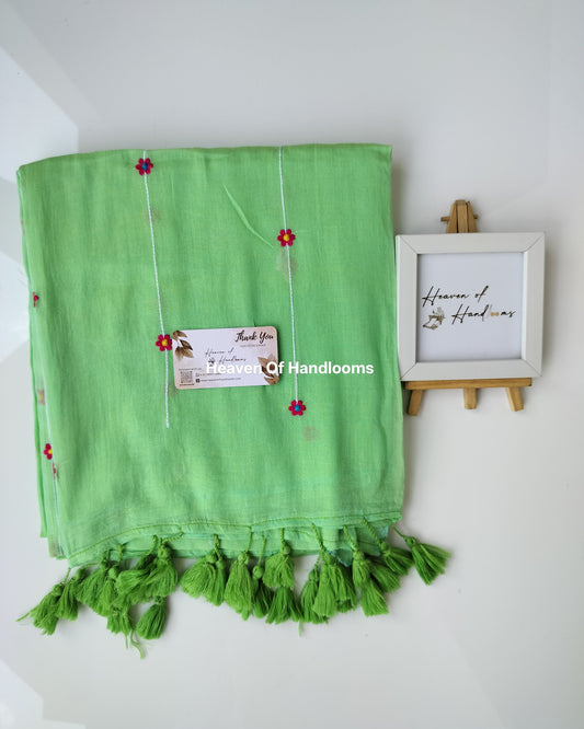 Embroidery Saree - Light Green with Flower Line