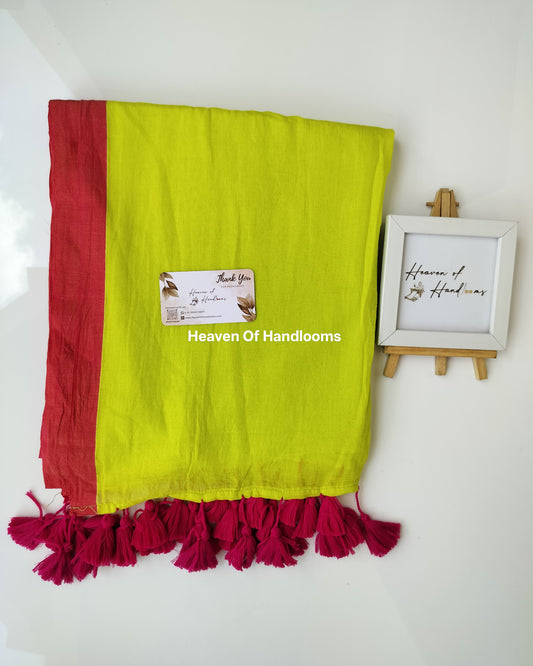 Plain Mul Saree - Highlighter with Coral Red