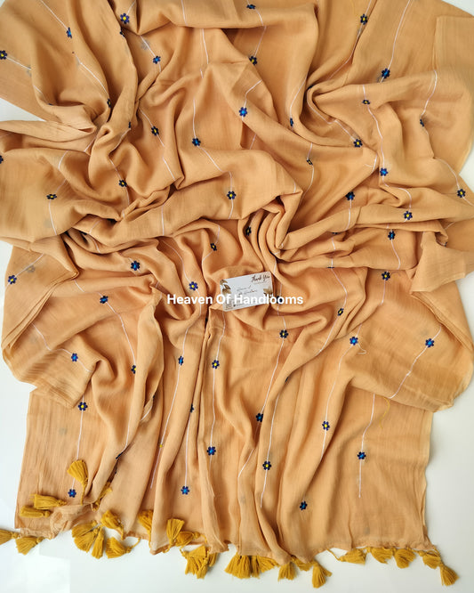 Embroidery Saree - Tan with Flower Line