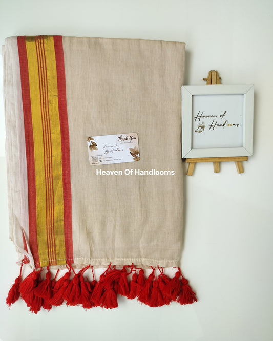 Onam-Vishu Saree - Beige with Red Golden Border