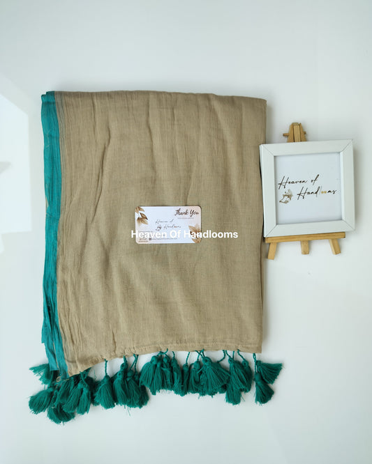 Plain Mul Saree - Cream with Teal Border