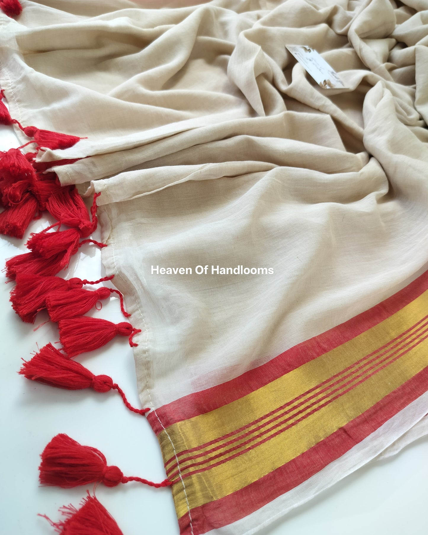 Onam-Vishu Saree - Beige with Red Golden Border