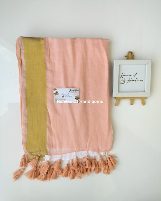 Onam-Vishu Saree - Pale Peach and White with Golden Border