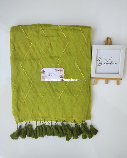 Embroidery Saree - Olive Zig Zag