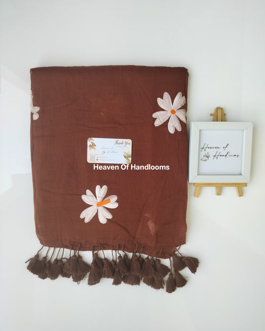 Hand Painted Saree - Brown with White Daisies
