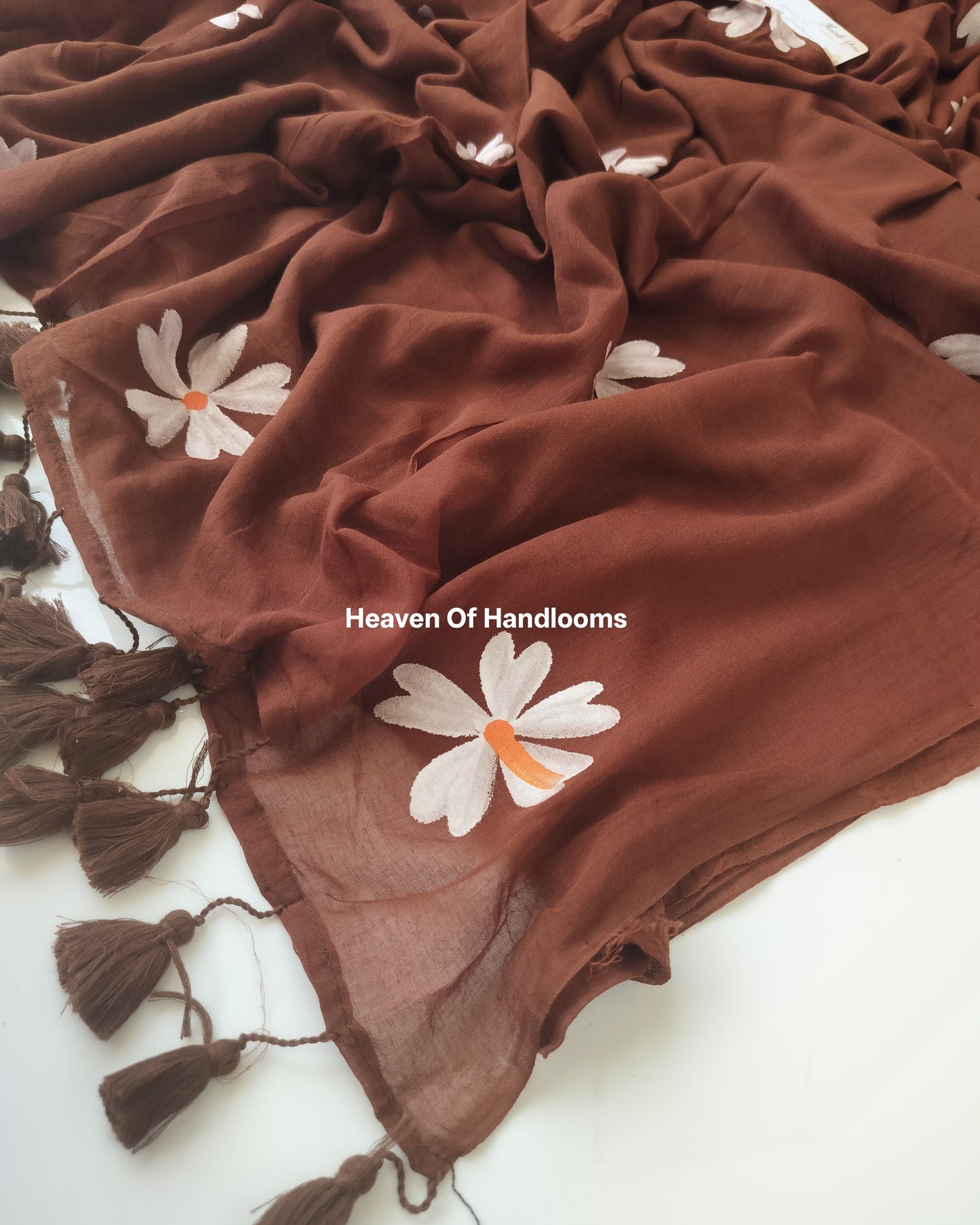 Hand Painted Saree - Brown with White Daisies