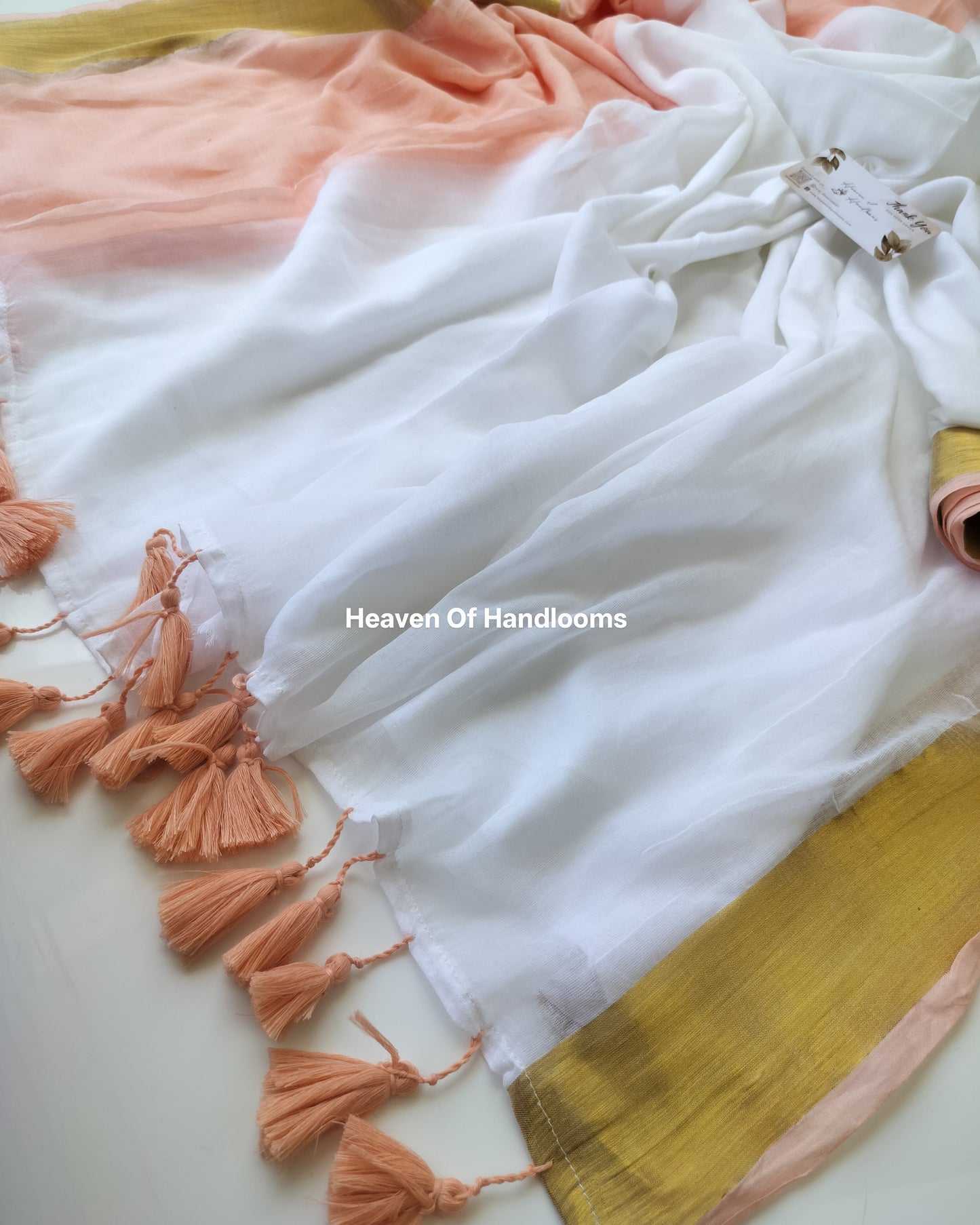 Onam-Vishu Saree - Pale Peach and White with Golden Border