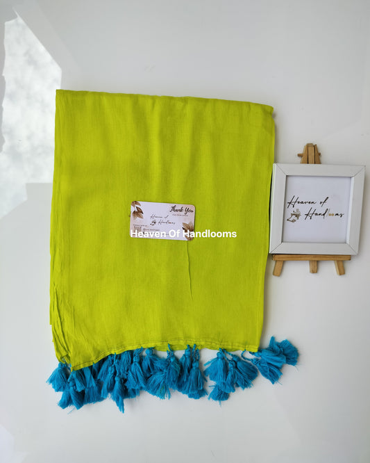 Plain Mul Saree - Neon Yellow