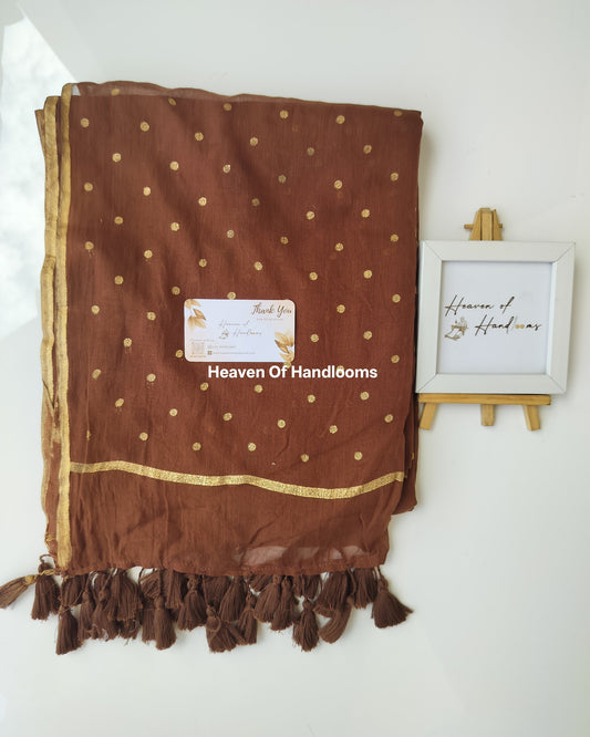 Printed Saree - Brown with Golden Polka Dot