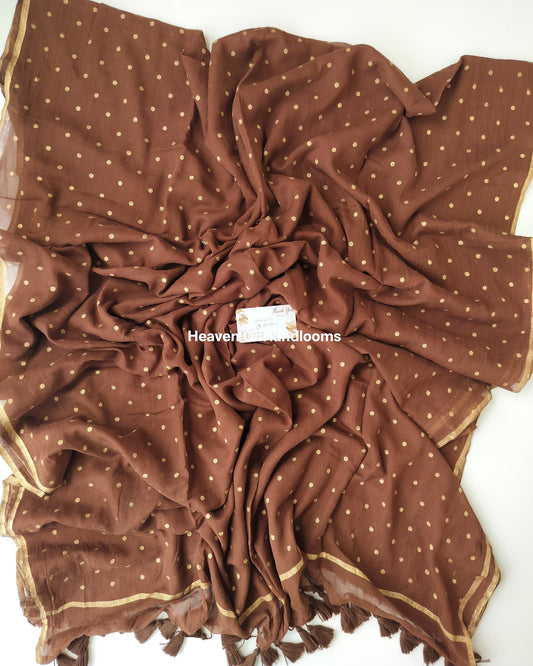 Printed Saree - Brown with Golden Polka Dot
