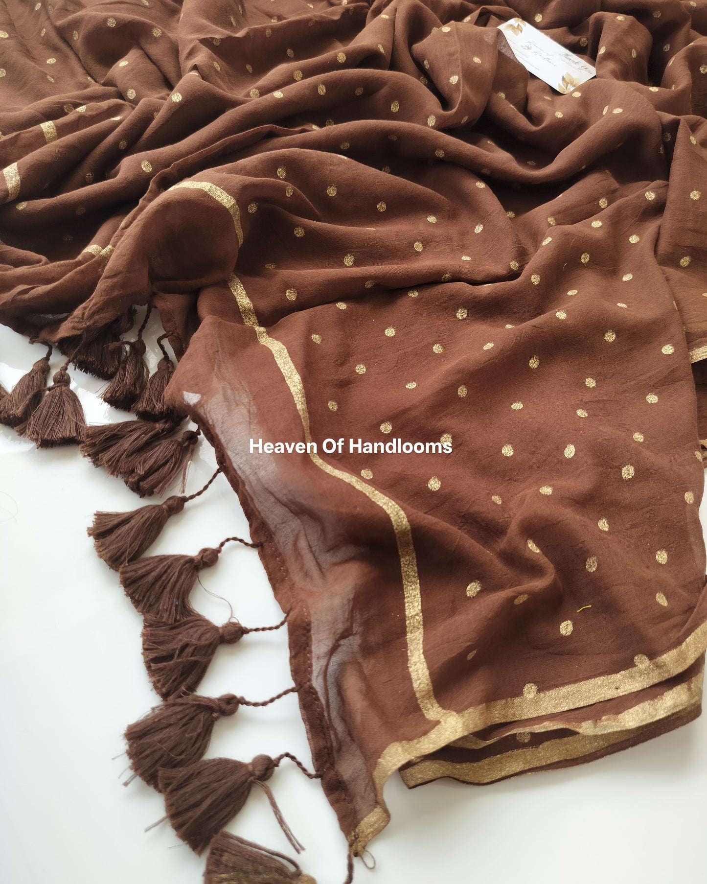 Printed Saree - Brown with Golden Polka Dot
