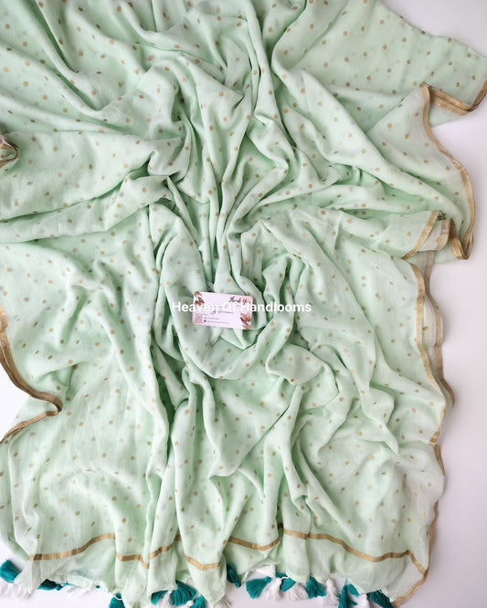 Printed Saree - Soft Mint with Golden Polka Dot