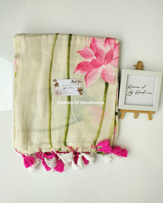 Onam-Vishu Saree - Beige with  Pink Lotus