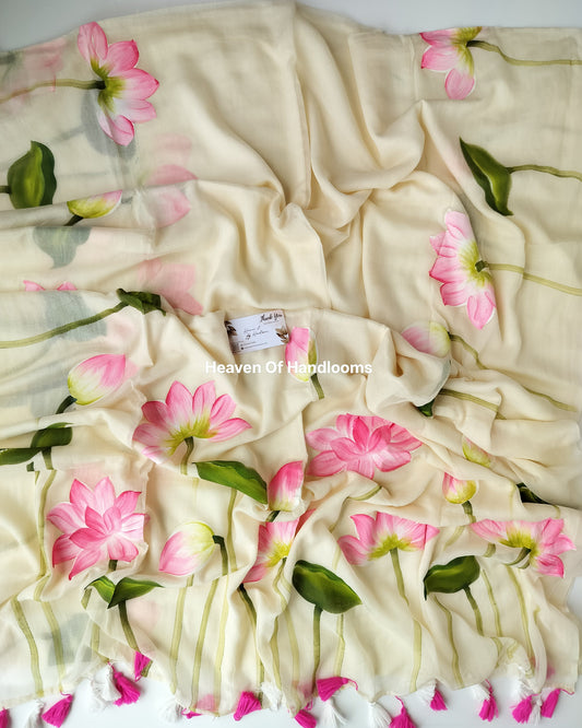 Onam-Vishu Saree - Beige with  Pink Lotus