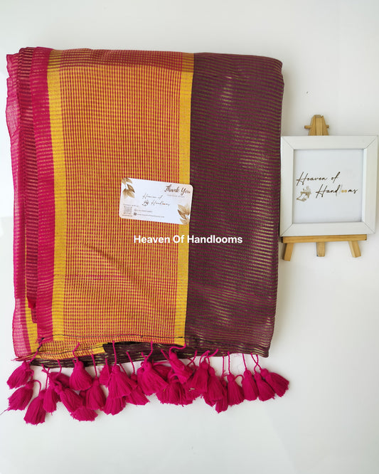 Festive Saree - Green Pink with Golden Stripe