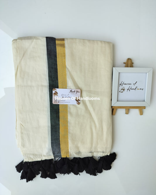 Onam-Vishu Saree - Off White with Black Golden Border