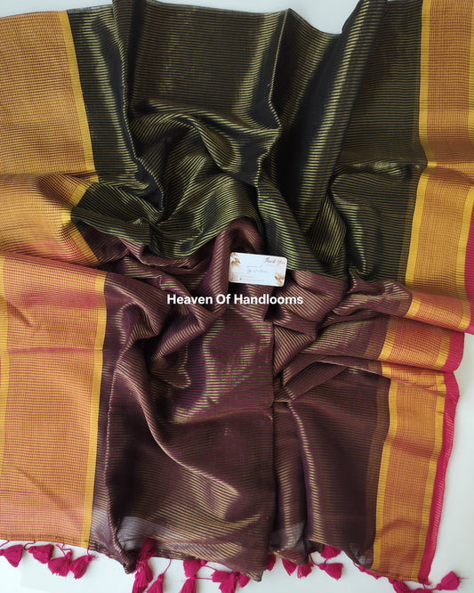 Festive Saree - Green Pink with Golden Stripe