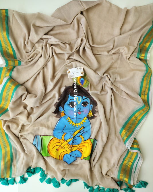 Onam-Vishu Saree - Krishna Hand Paint Teal Border