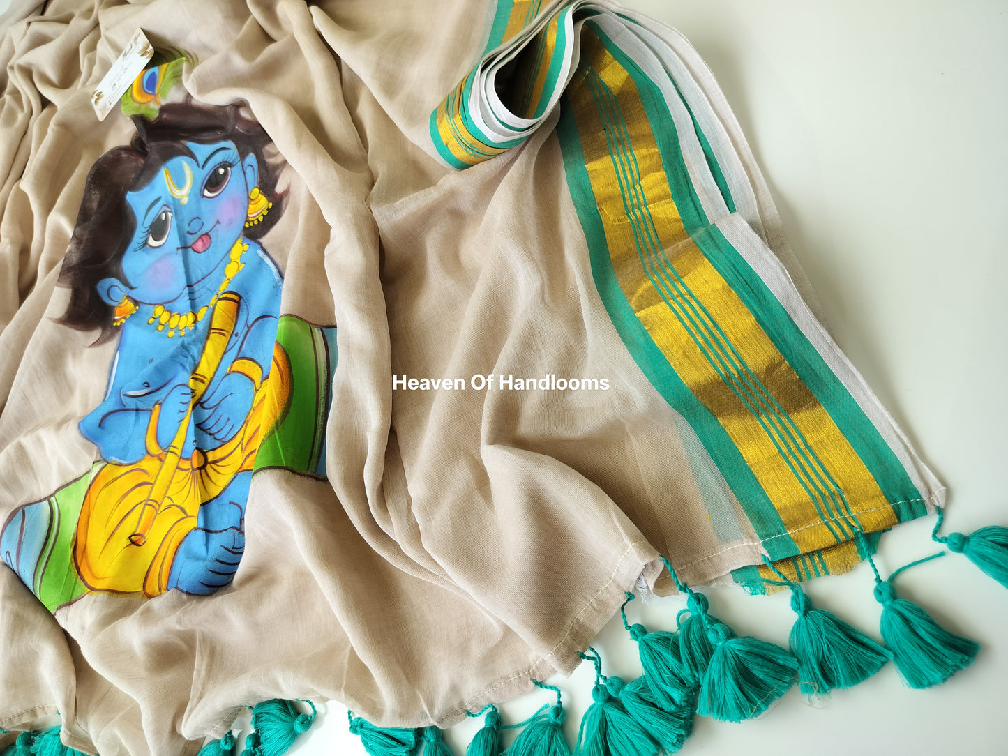 Onam-Vishu Saree - Krishna Hand Paint Teal Border