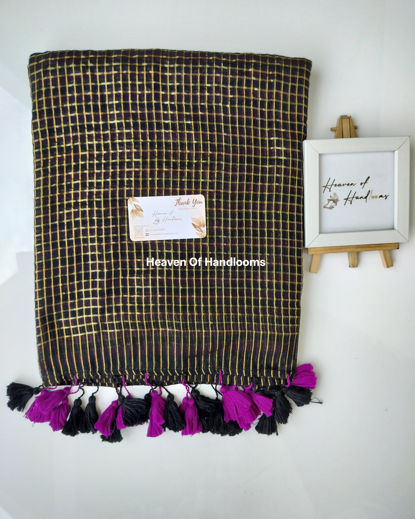 Festive Saree - Black Pink Golden Check