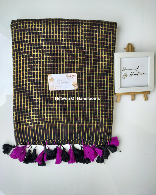 Festive Saree - Black Pink Golden Check