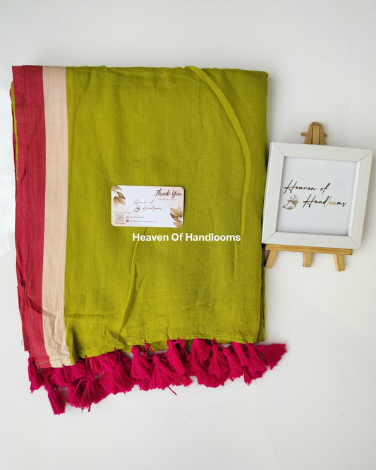 Plain Mul Saree - Green with Pink Red Border