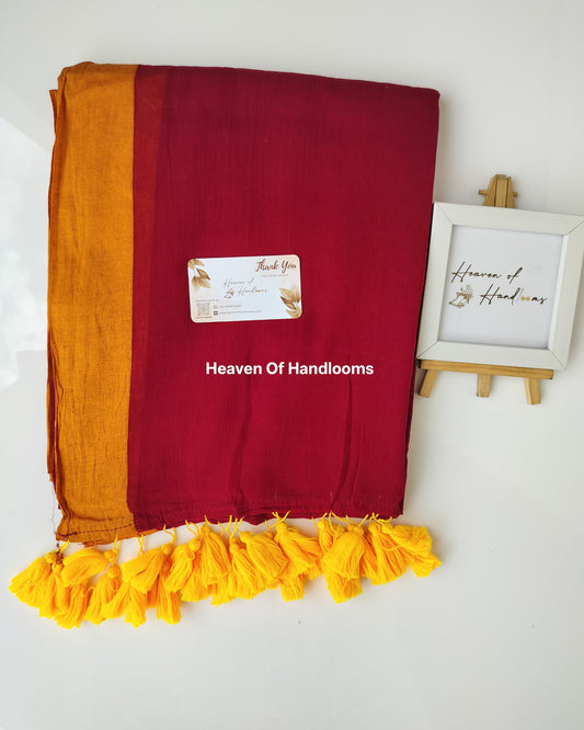 Plain Mul Saree - Scarlet with Yellow Border