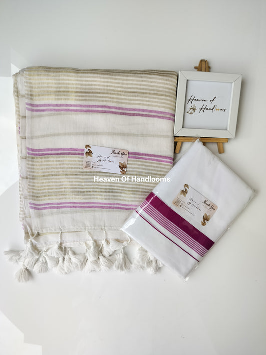 Onam vishu saree and dhoti- Golden with pink