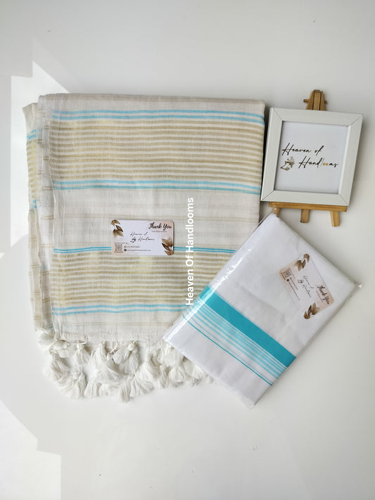 Onam vishu saree and dhoti- golden with blue