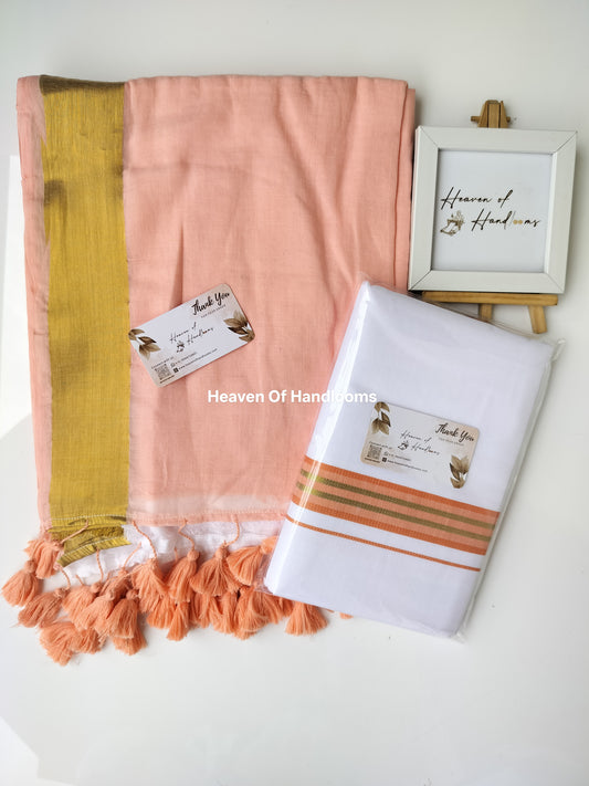 Onam vishu saree and dhoti- peach with white