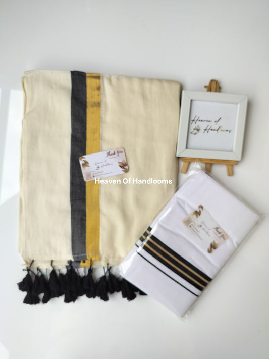 Onam vishu saree and dhoti- offwhite with Black and Golden line