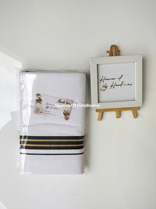 Onam vishu dhoti- white with Black and Golden line