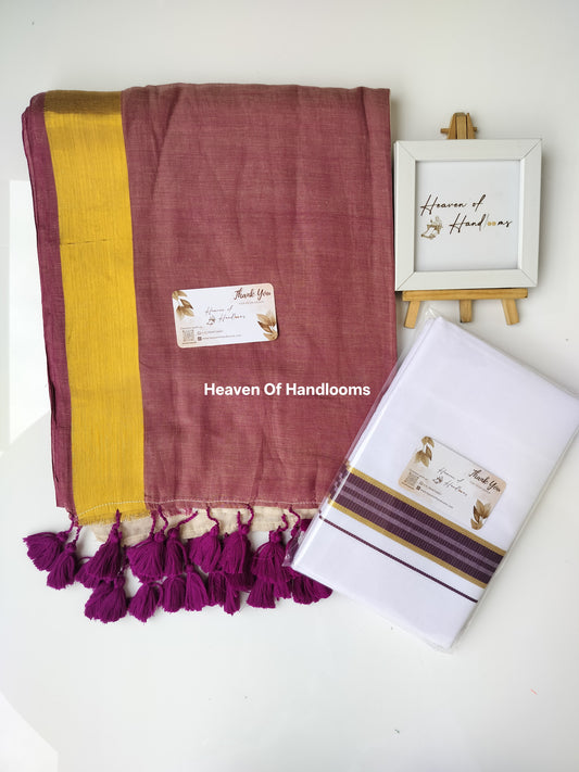 Onam vishu saree and dhoti- reddish-brown with violate and Golden line