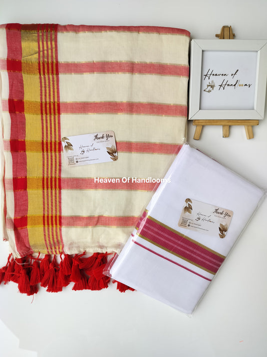 Onam vishu saree and dhoti- offwhite with red and Golden line