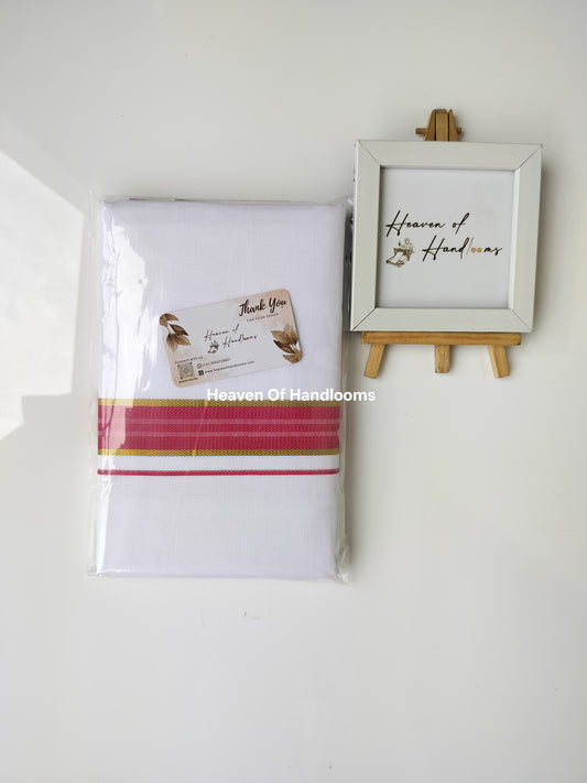 Onam vishu dhoti- white with peach and Golden line