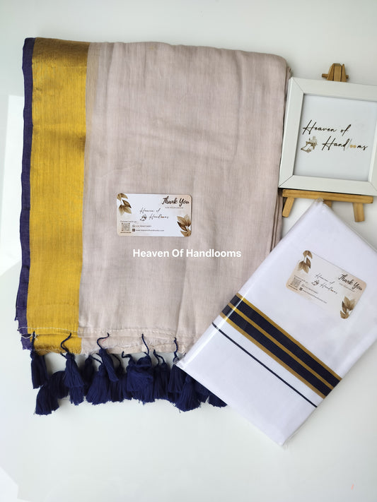 Onam vishu saree and dhoti- cream with navy and Golden line