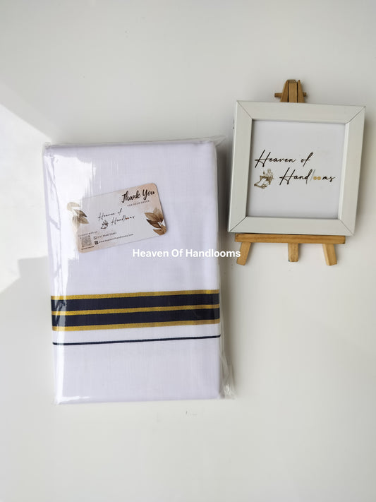 Onam vishu dhoti- white with navy and Golden line