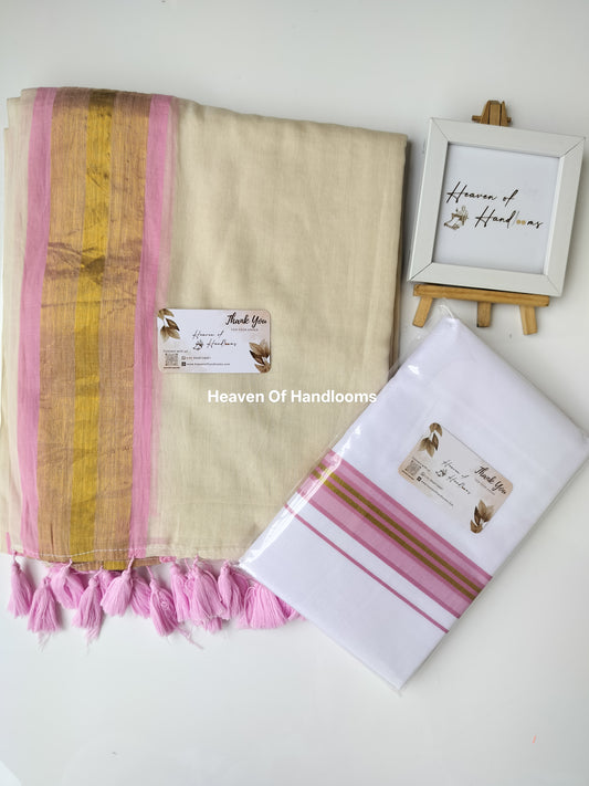 Onam vishu saree and dhoti- cream with light pink and Golden line
