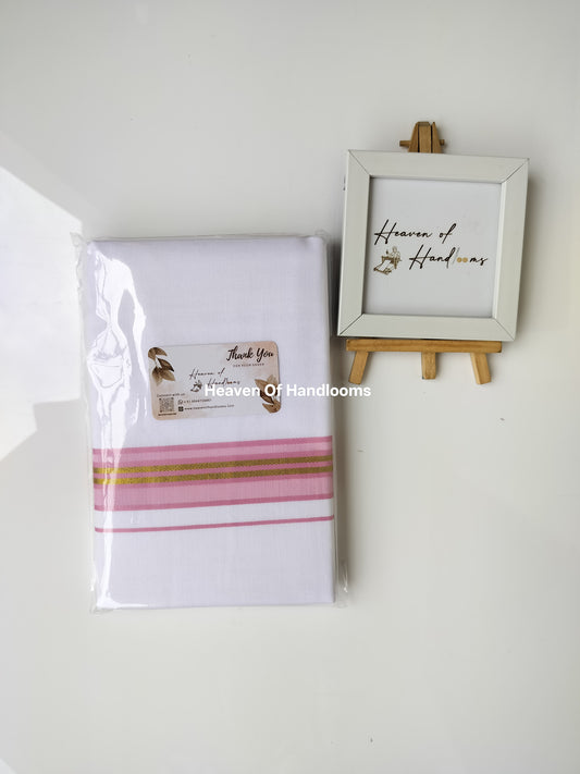 Onam vishu dhoti- white with light pink and Golden line