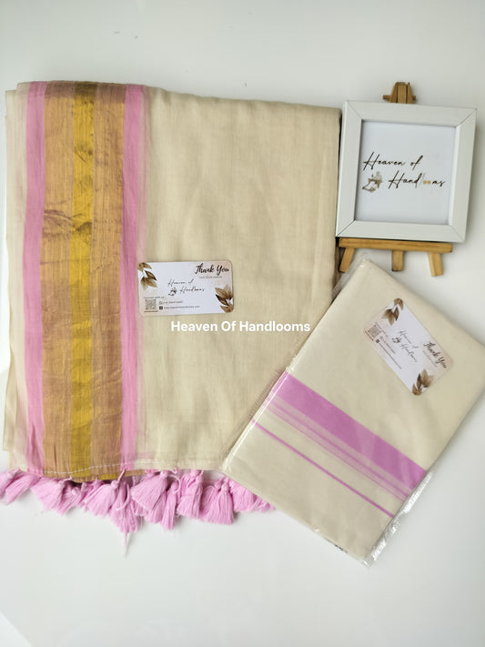 Onam vishu saree and dhoti- cream with light pink and Golden line