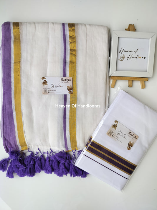 Onam vishu saree and dhoti- white with violet and Golden line