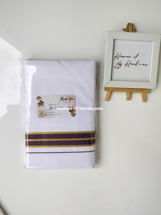 Onam vishu dhoti- white with violet and Golden line