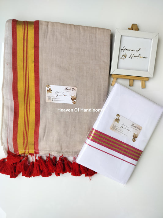 Onam vishu saree and dhoti- cream with red and Golden line